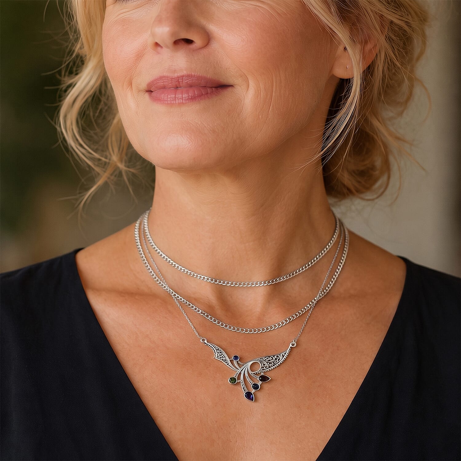 D'Joy Bali Legacy Premium Multi Gemstone 2.75 ctw Balinese Peacock Wing Necklace in Sterling Silver 20 Inches