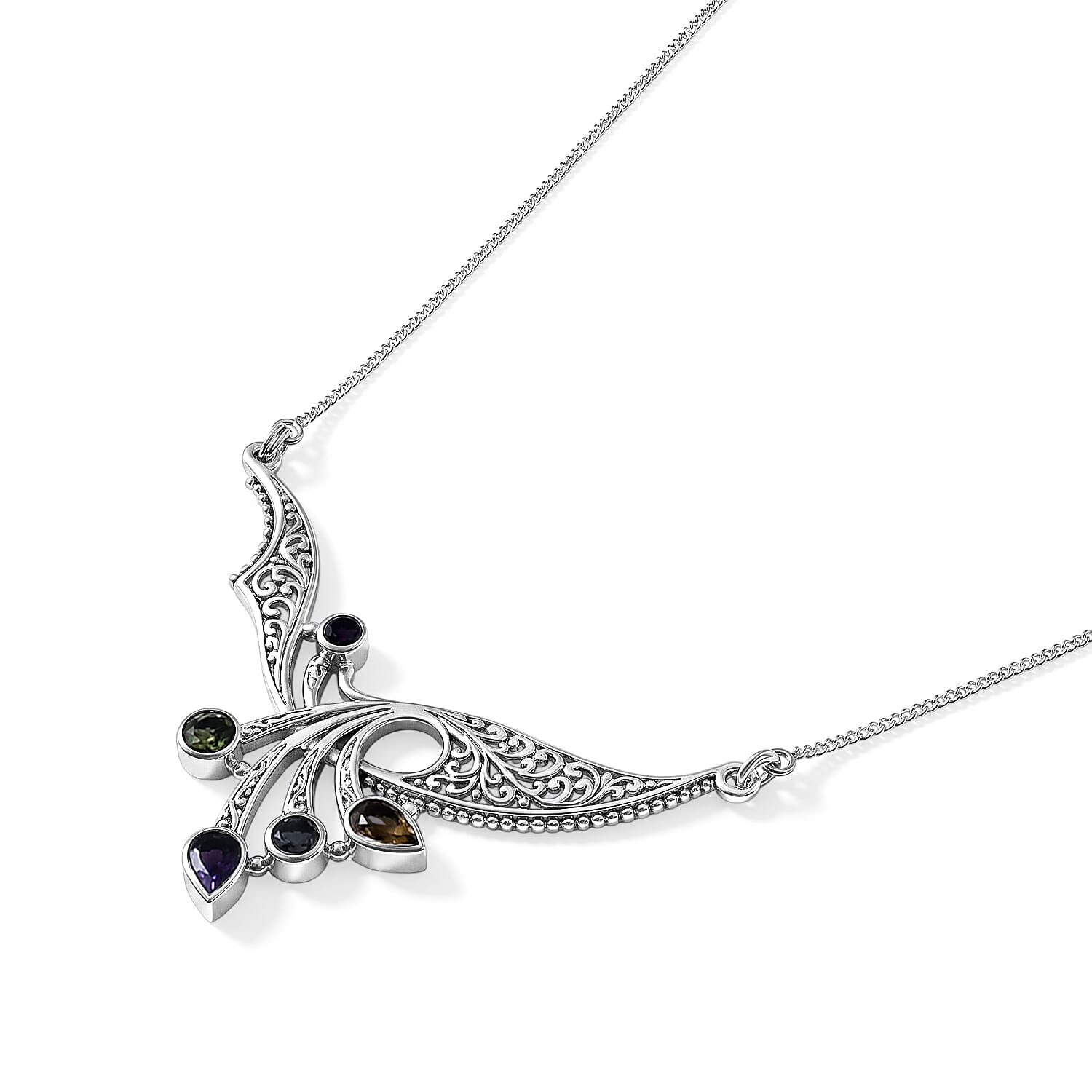 D'Joy Bali Legacy Premium Multi Gemstone 2.75 ctw Balinese Peacock Wing Necklace in Sterling Silver 20 Inches