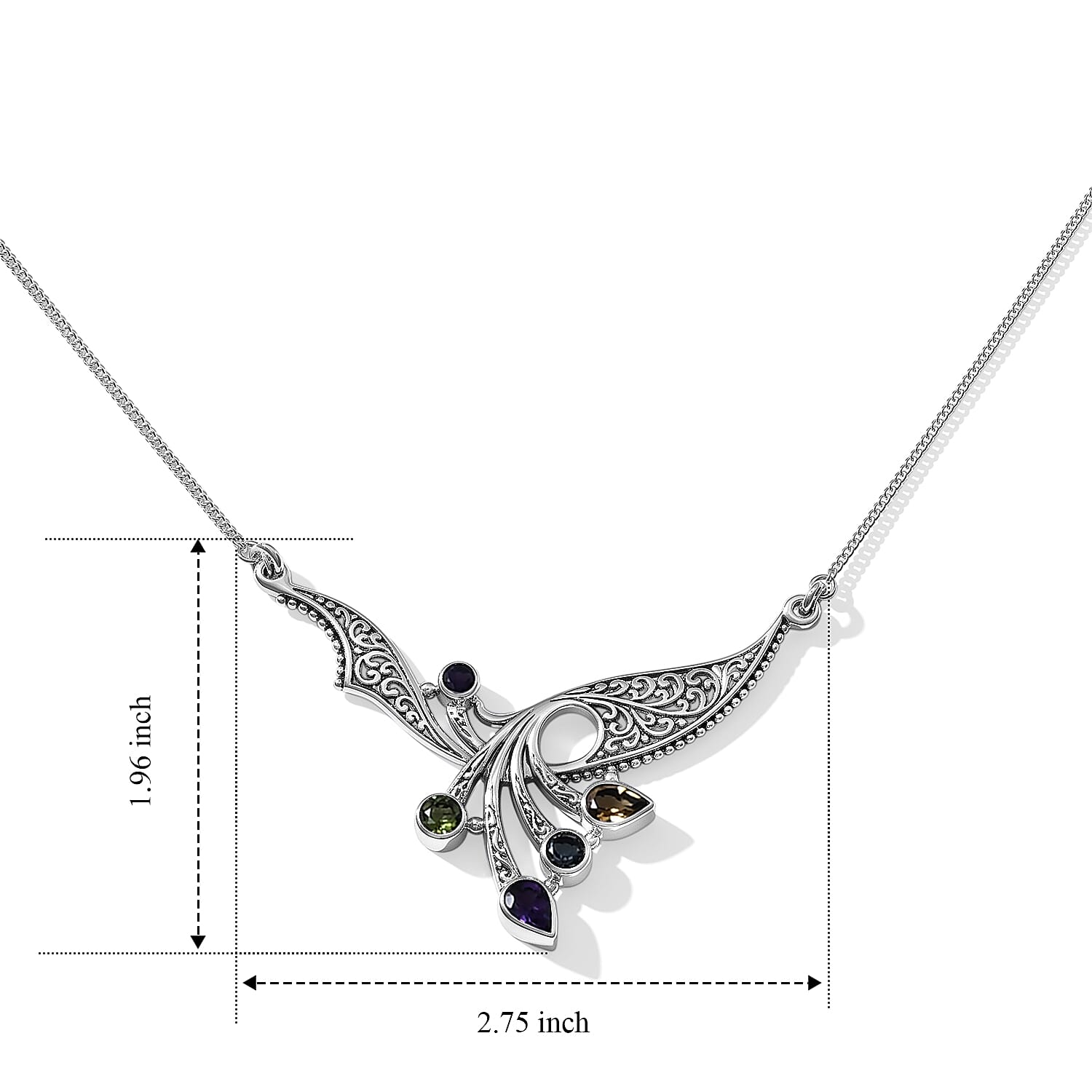 D'Joy Bali Legacy Premium Multi Gemstone 2.75 ctw Balinese Peacock Wing Necklace in Sterling Silver 20 Inches