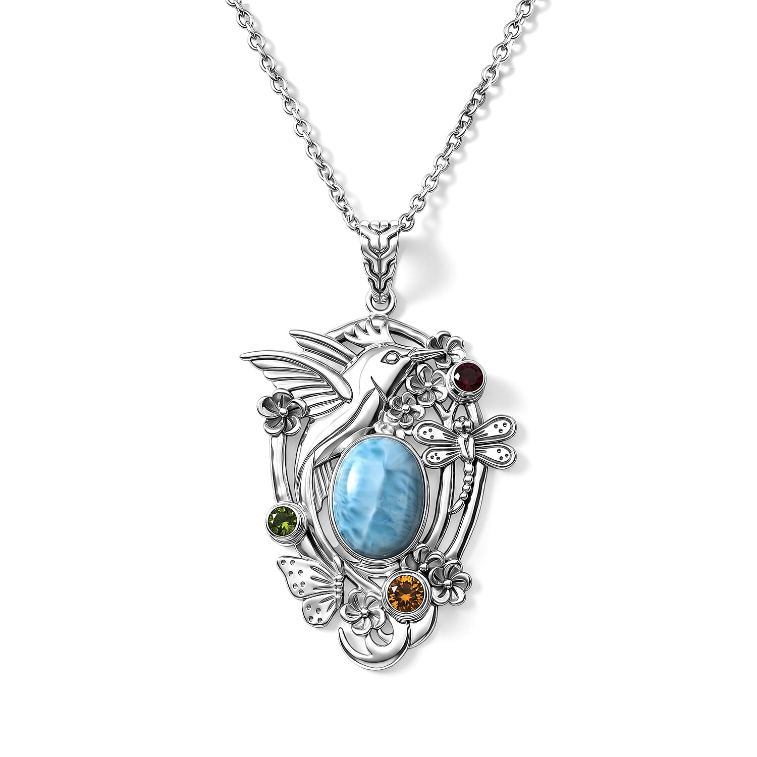 D'Joy Bali Legacy Larimar and Multi Gemstone 12.50 ctw Jhalak Pendant without Chain in Sterling Silver