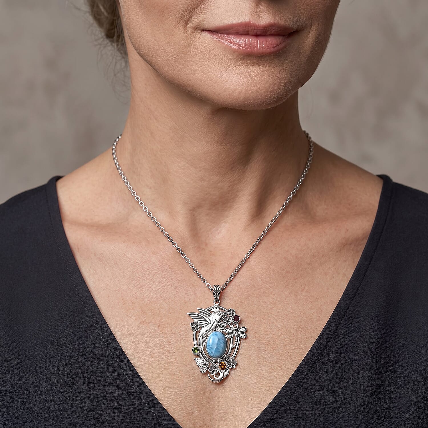 D'Joy Bali Legacy Larimar and Multi Gemstone 12.50 ctw Jhalak Pendant without Chain in Sterling Silver