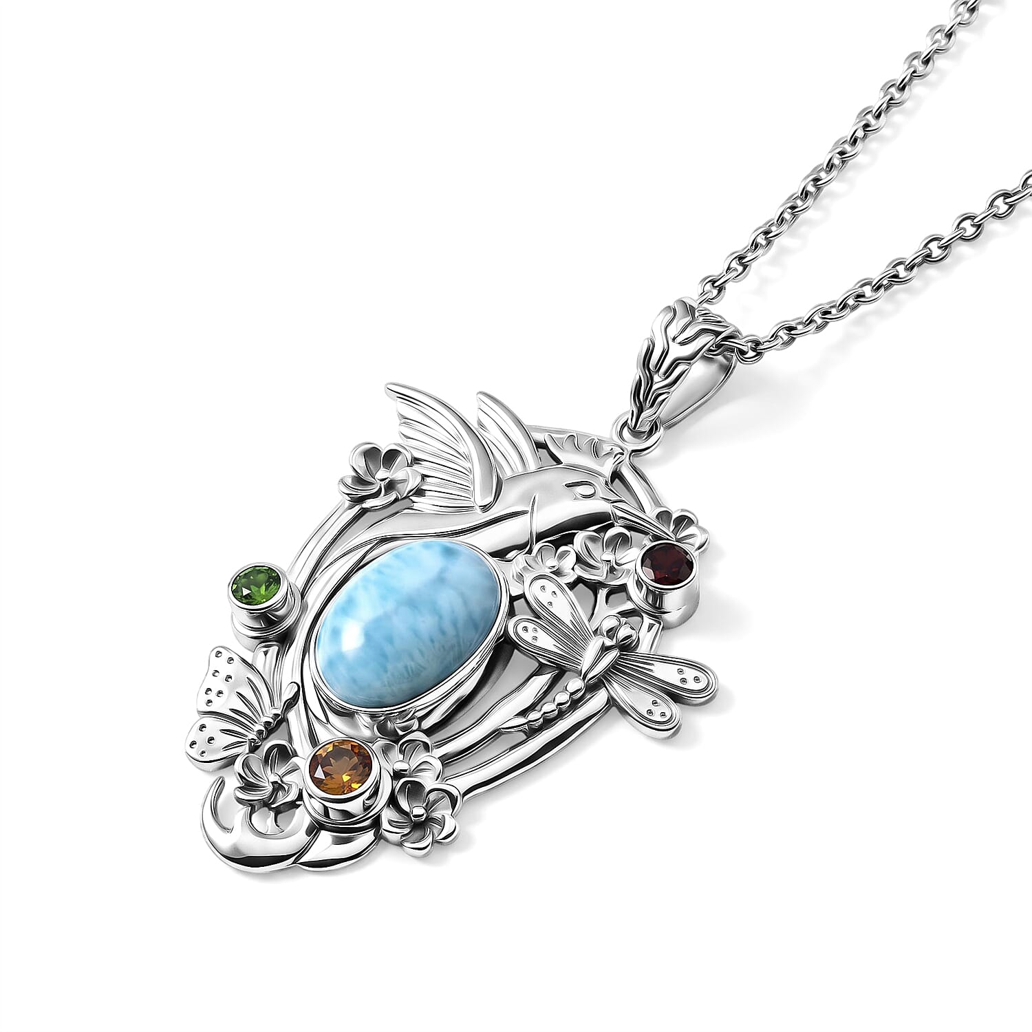 D'Joy Bali Legacy Larimar and Multi Gemstone 12.50 ctw Jhalak Pendant without Chain in Sterling Silver