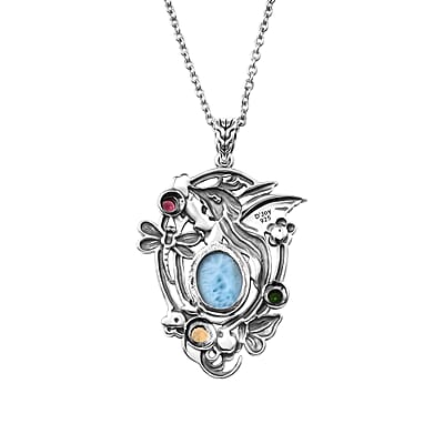 D'Joy Bali Legacy Larimar and Multi Gemstone 12.50 ctw Jhalak Pendant without Chain in Sterling Silver