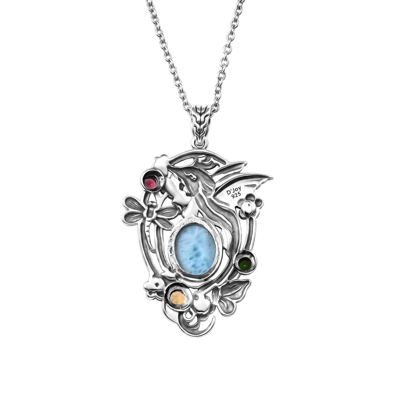 D'Joy Bali Legacy Larimar and Multi Gemstone 12.50 ctw Jhalak Pendant without Chain in Sterling Silver