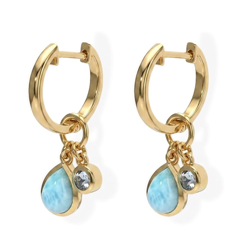D'Joy AAA Larimar and Mangoro Aquamarine 2.50 ctw Teardrop Huggie Earrings in 18K Vermeil Yellow Gold Over Sterling Silver