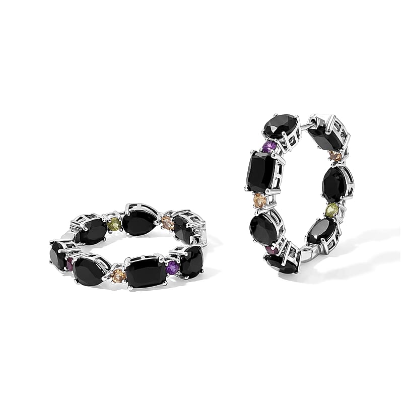 EverTrue Thai Black Spinel and Multi Gemstone 26.35 ctw Hoop Earrings in Platinum Bond