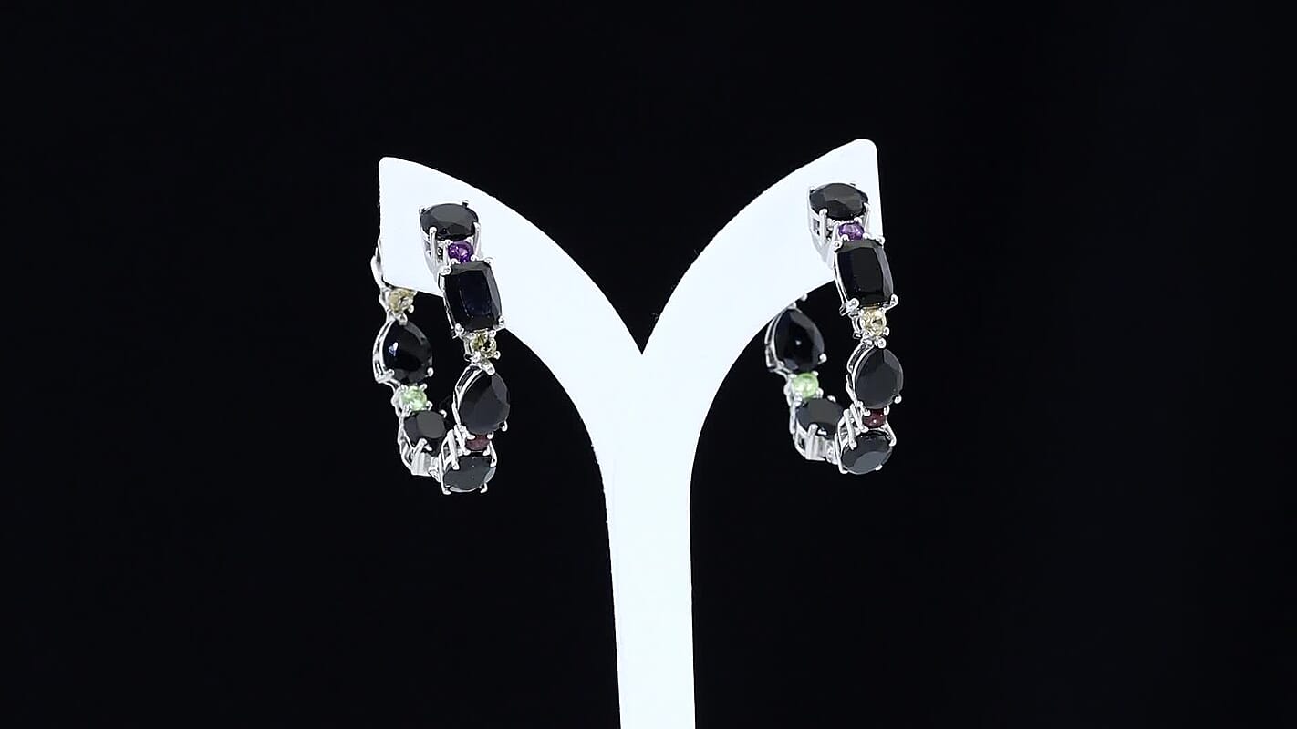 EverTrue Thai Black Spinel and Multi Gemstone 26.35 ctw Hoop Earrings in Platinum Bond