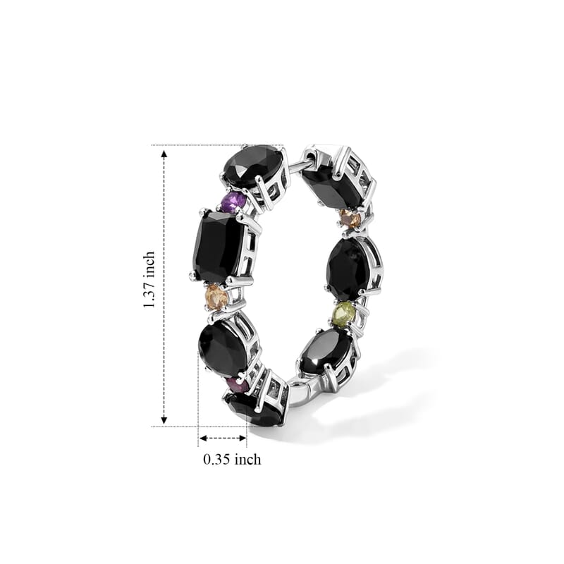 EverTrue Thai Black Spinel and Multi Gemstone 26.35 ctw Midnight Jubilee Hoop Earrings in Platinum Bond