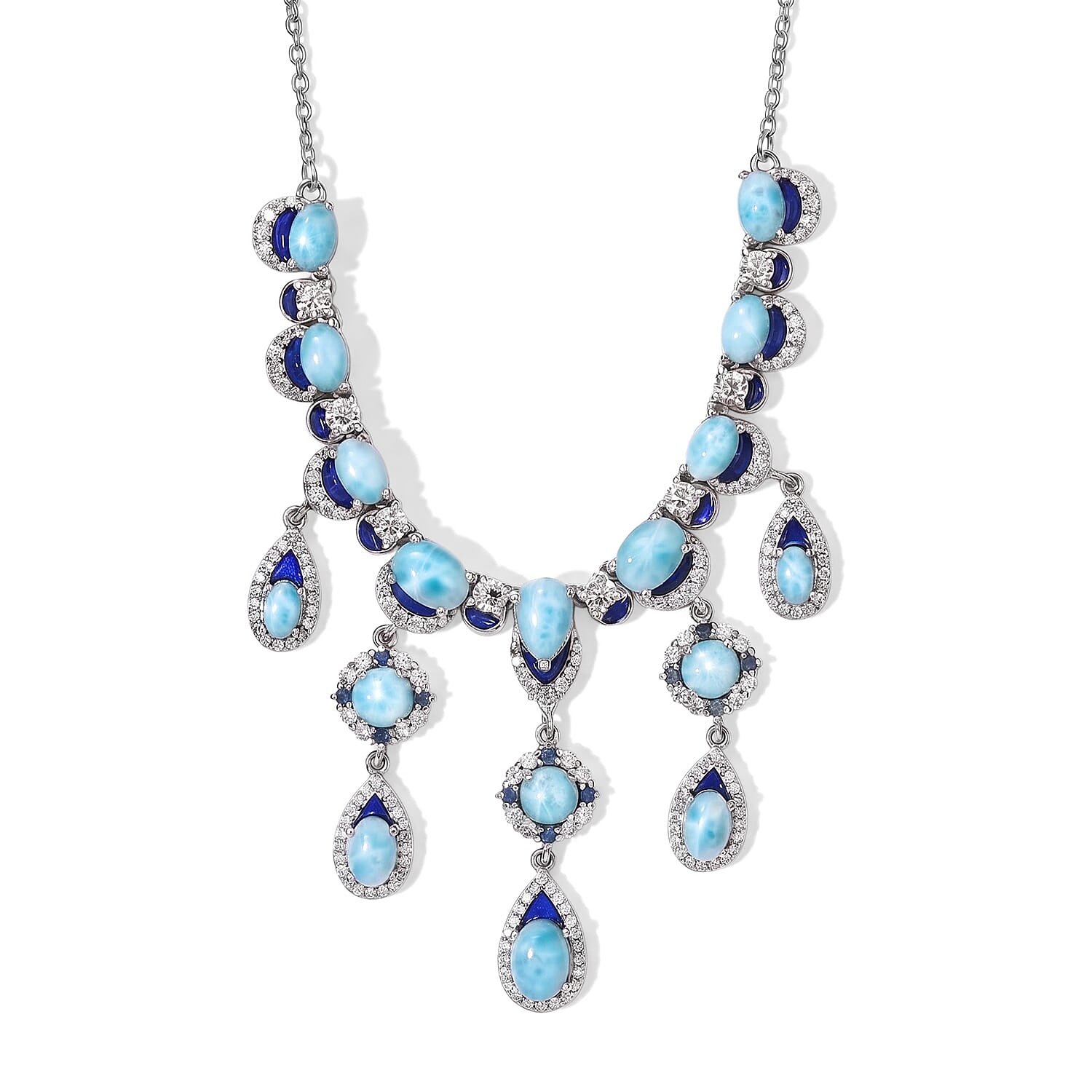 D'Joy Premium Larimar and Multi Gemstone 13.15 ctw Necklace (18 Inches) in Rhodium Over Sterling Silver