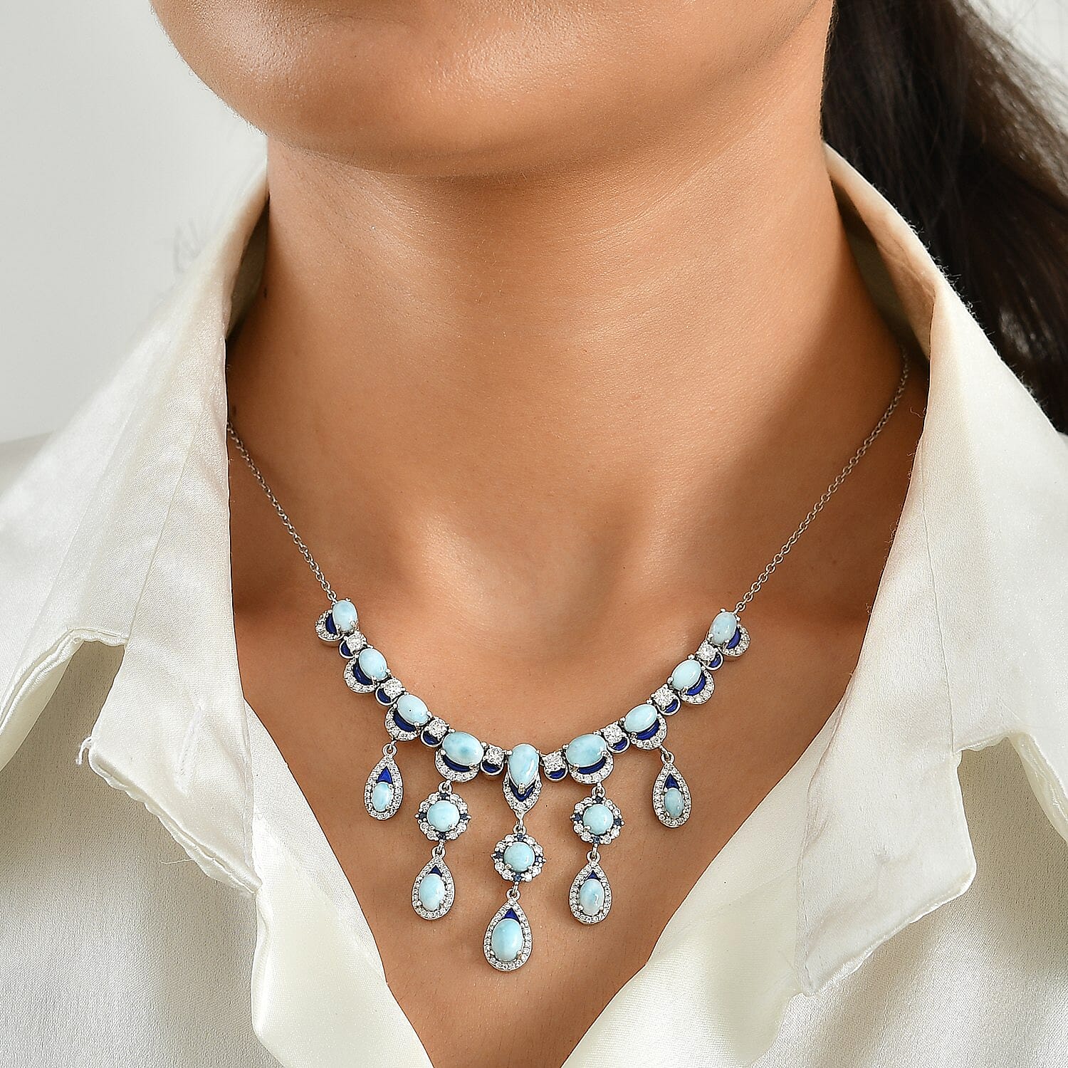 D'Joy Premium Larimar and Multi Gemstone 13.15 ctw Necklace (18 Inches) in Rhodium Over Sterling Silver