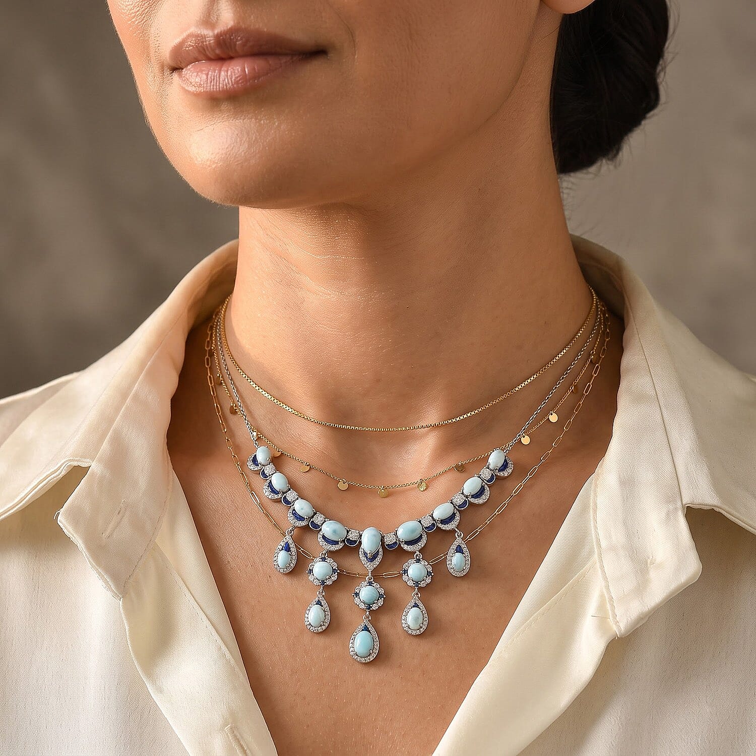 D'Joy Premium Larimar and Multi Gemstone 13.15 ctw Necklace (18 Inches) in Rhodium Over Sterling Silver