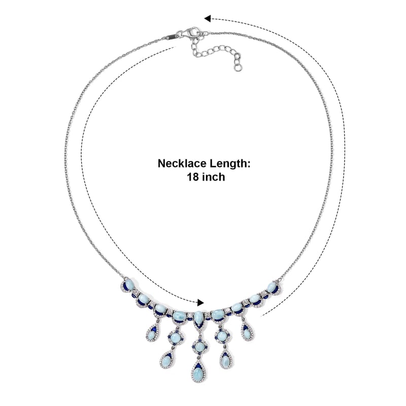D'Joy Premium Larimar and Multi Gemstone 13.15 ctw Wave Fringe Necklace (18 Inches) in Rhodium Over Sterling Silver