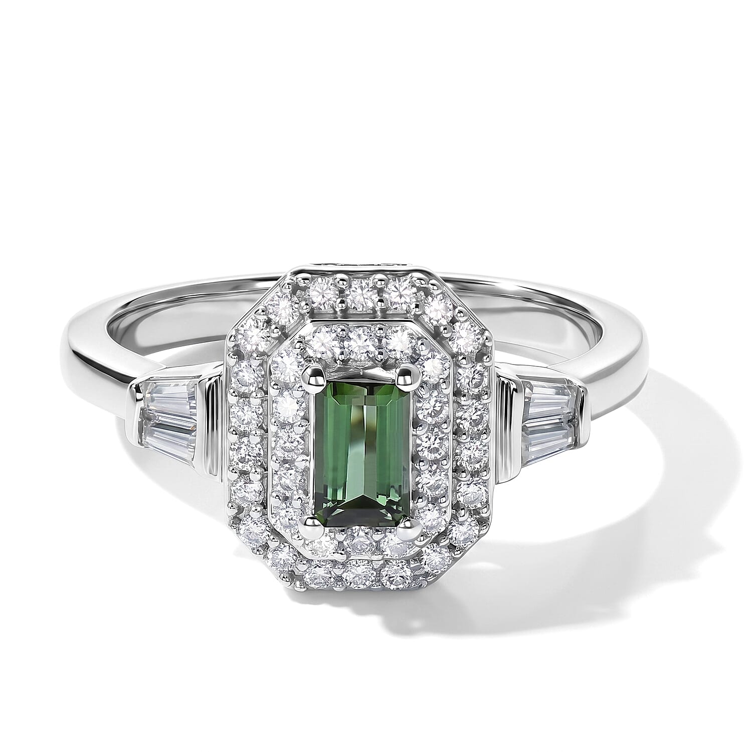 D'Joy AAA Mint Tourmaline and Moissanite 0.75 ctw Ring in Rhodium Over Sterling Silver (Size 6.0)