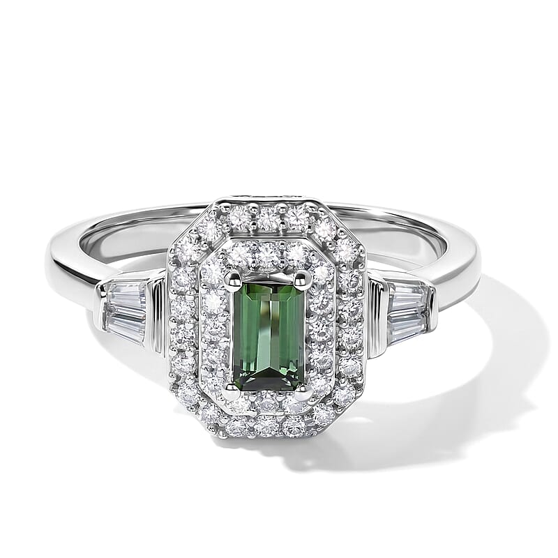 D'Joy AAA Mint Tourmaline and Moissanite 0.75 ctw Ring in Rhodium Over Sterling Silver (Size 6.0)