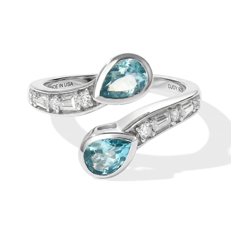 D'Joy AAA Blue Apatite and Moissanite 1.80 ctw Cross The Wave Ring in Rhodium Over Sterling Silver (Size 5.0)