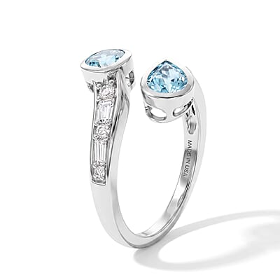 D'Joy AAA Blue Apatite and Moissanite 1.80 ctw Cross The Wave Ring in Rhodium Over Sterling Silver (Size 8.0)