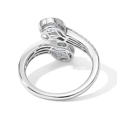 D'Joy AAA Blue Apatite and Moissanite 1.80 ctw Cross The Wave Ring in Rhodium Over Sterling Silver (Size 8.0)