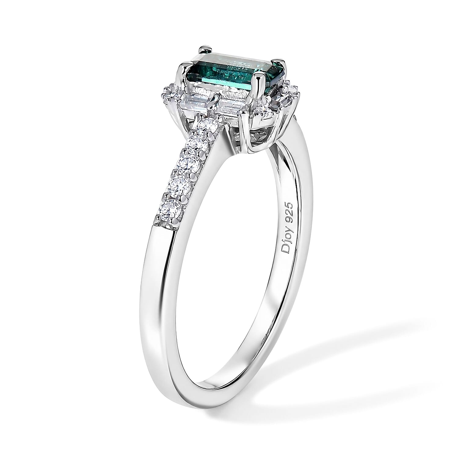 D'Joy AAA Monte Belo Indicolite and Moissanite 0.65 ctw Deco Glamour Ring in Rhodium Over Sterling Silver (Size 6.0)