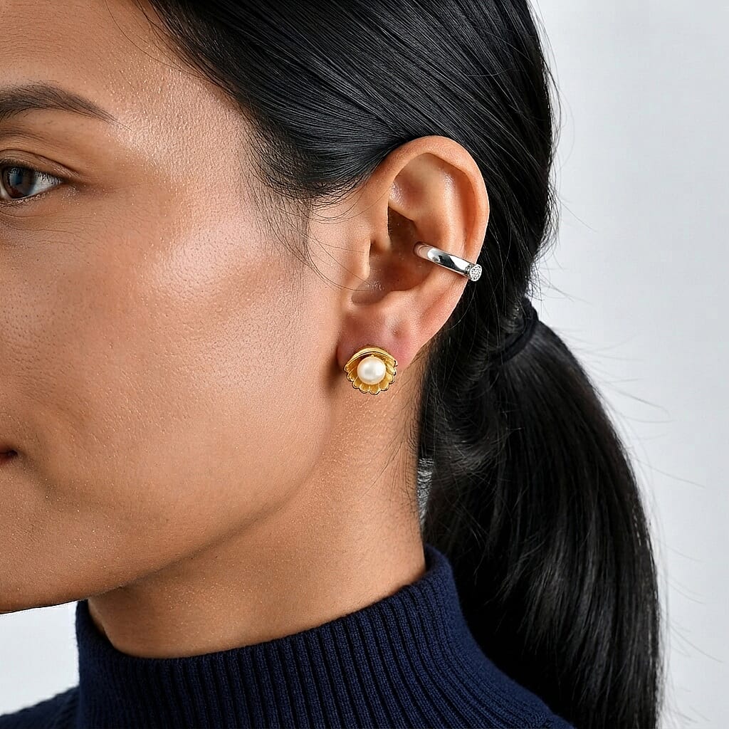 GP Fresh Water Pearl Solitaire Stud Earrings in 18K Vermeil Yellow Gold Over Sterling Silver