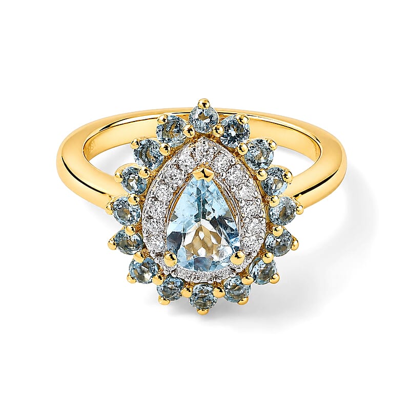 D'Joy Santa Maria Aquamarine and Moissanite 1.20 ctw Ring in 18K Vermeil Yellow Gold Over Sterling Silver (Size 6.0)