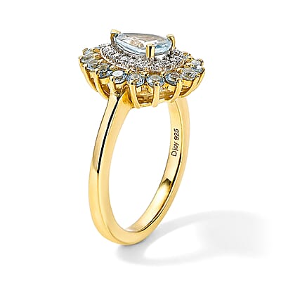 D'Joy Santa Maria Aquamarine and Moissanite 1.20 ctw Ring in 18K Vermeil Yellow Gold Over Sterling Silver (Size 6.0)
