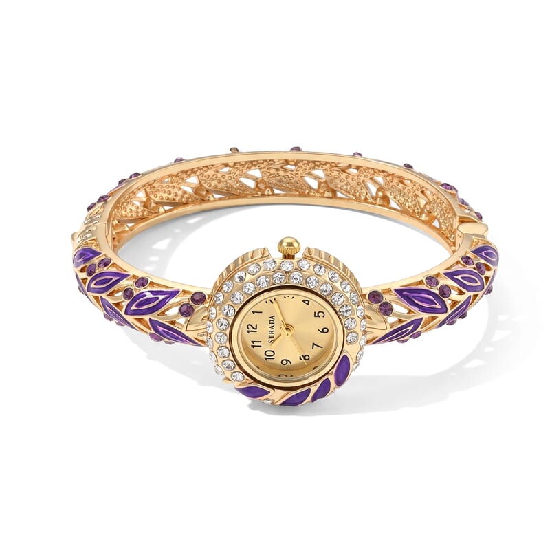 Strada Multi Color Austrian Crystal and Enameled SL68 Quartz Movement Bangle Watch in Goldtone (7.00 In)
