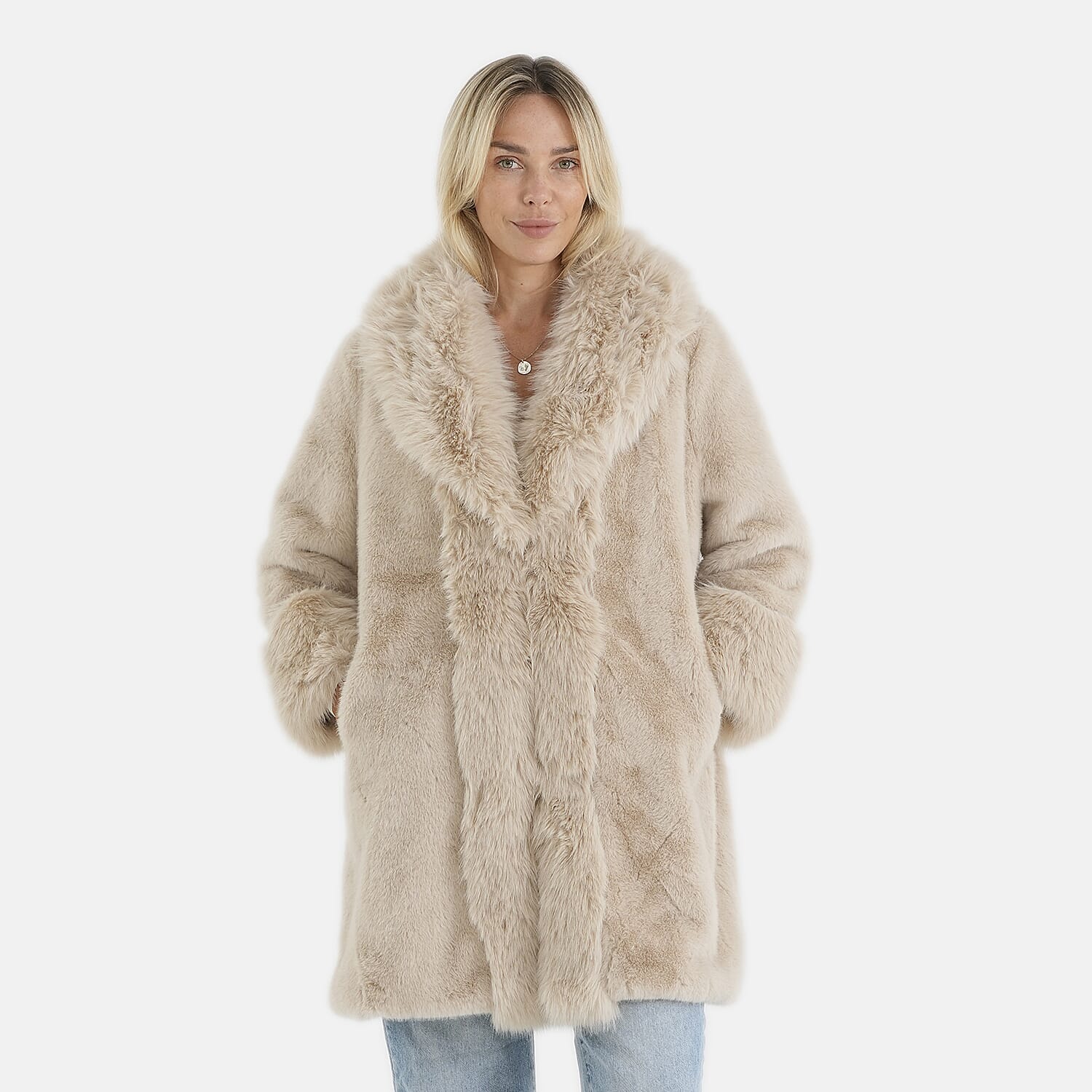 La Marey Beige Luxe Faux Fur Trench Jacket - S/M