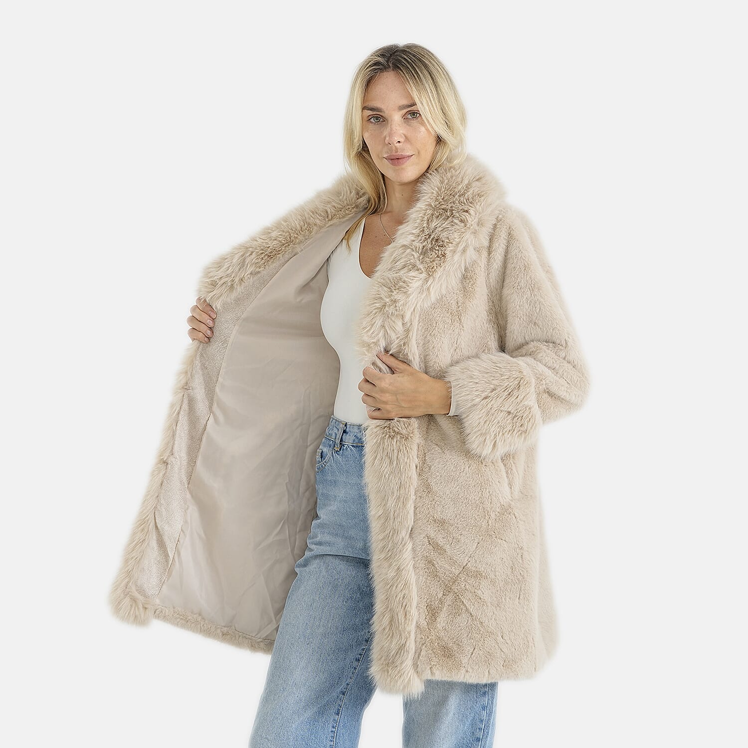 La Marey Beige Luxe Faux Fur Trench Jacket - S/M