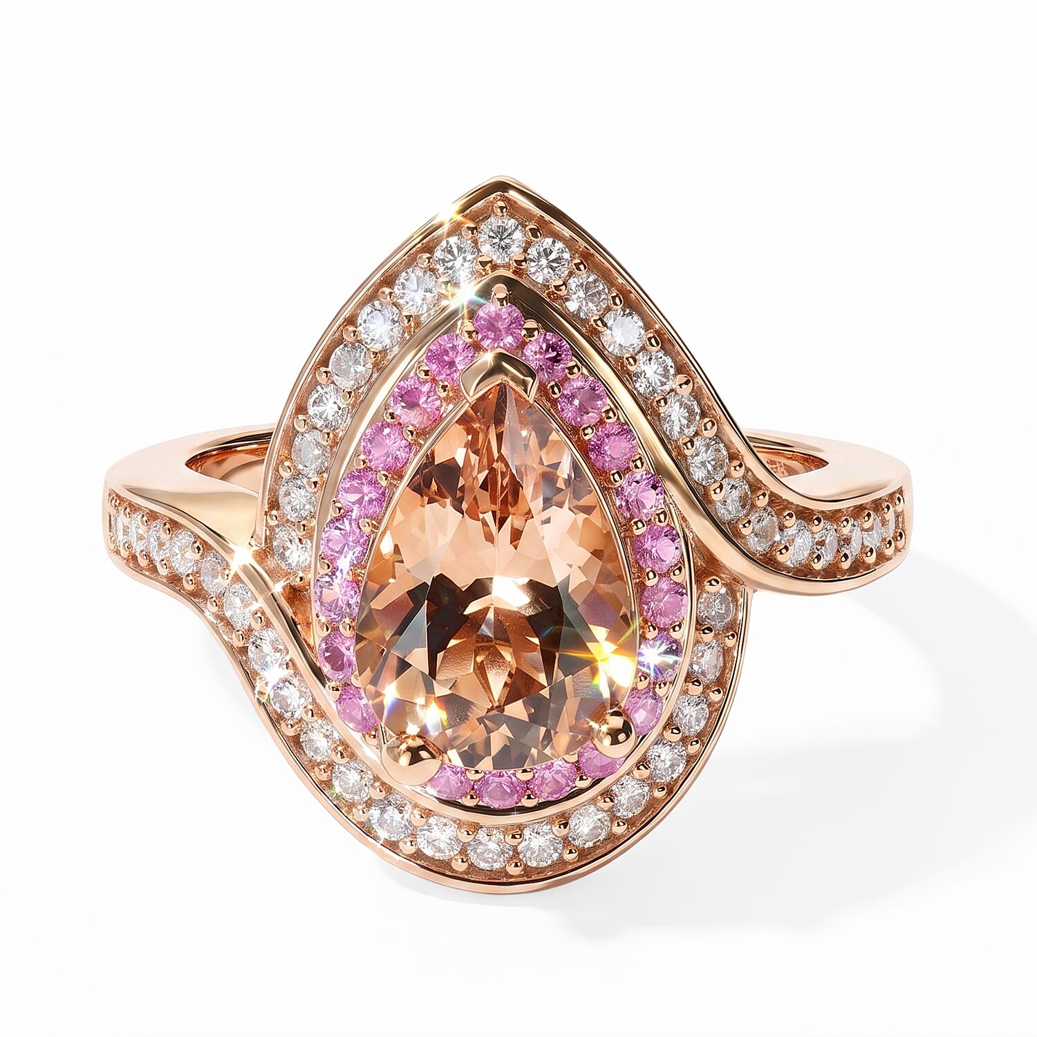 D'Joy Premium Marropino Morganite, Pink Sapphire and White Diamond 2.30 ctw Ring in 18K Vermeil Rose Gold Over Sterling Silver (Size 6.0)