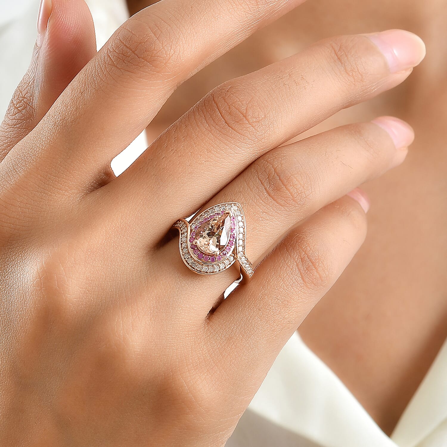 D'Joy Premium Marropino Morganite, Pink Sapphire and White Diamond 2.30 ctw Ring in 18K Vermeil Rose Gold Over Sterling Silver (Size 6.0)