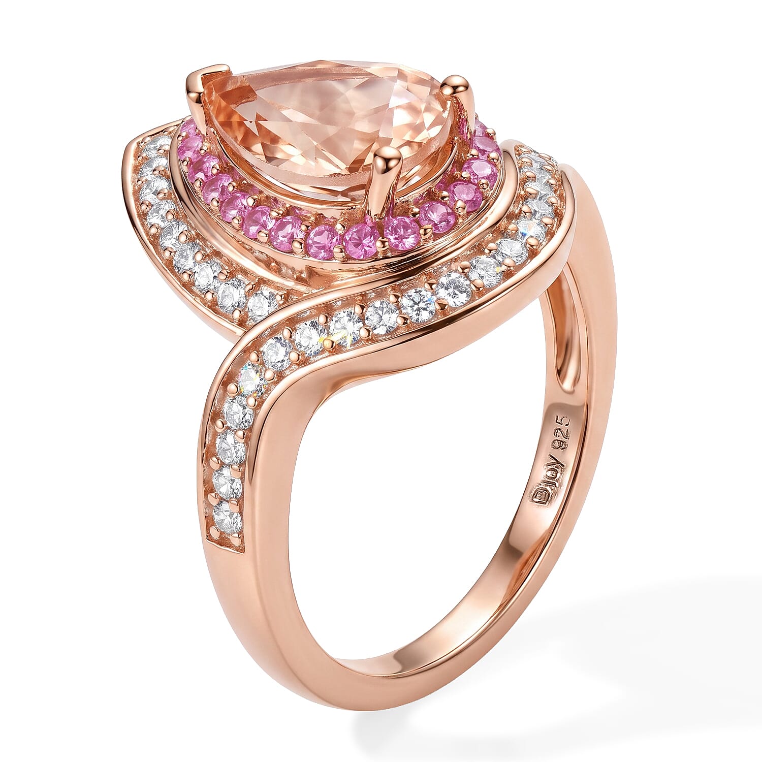 D'Joy Premium Marropino Morganite, Pink Sapphire and White Diamond 2.30 ctw Ring in 18K Vermeil Rose Gold Over Sterling Silver (Size 6.0)