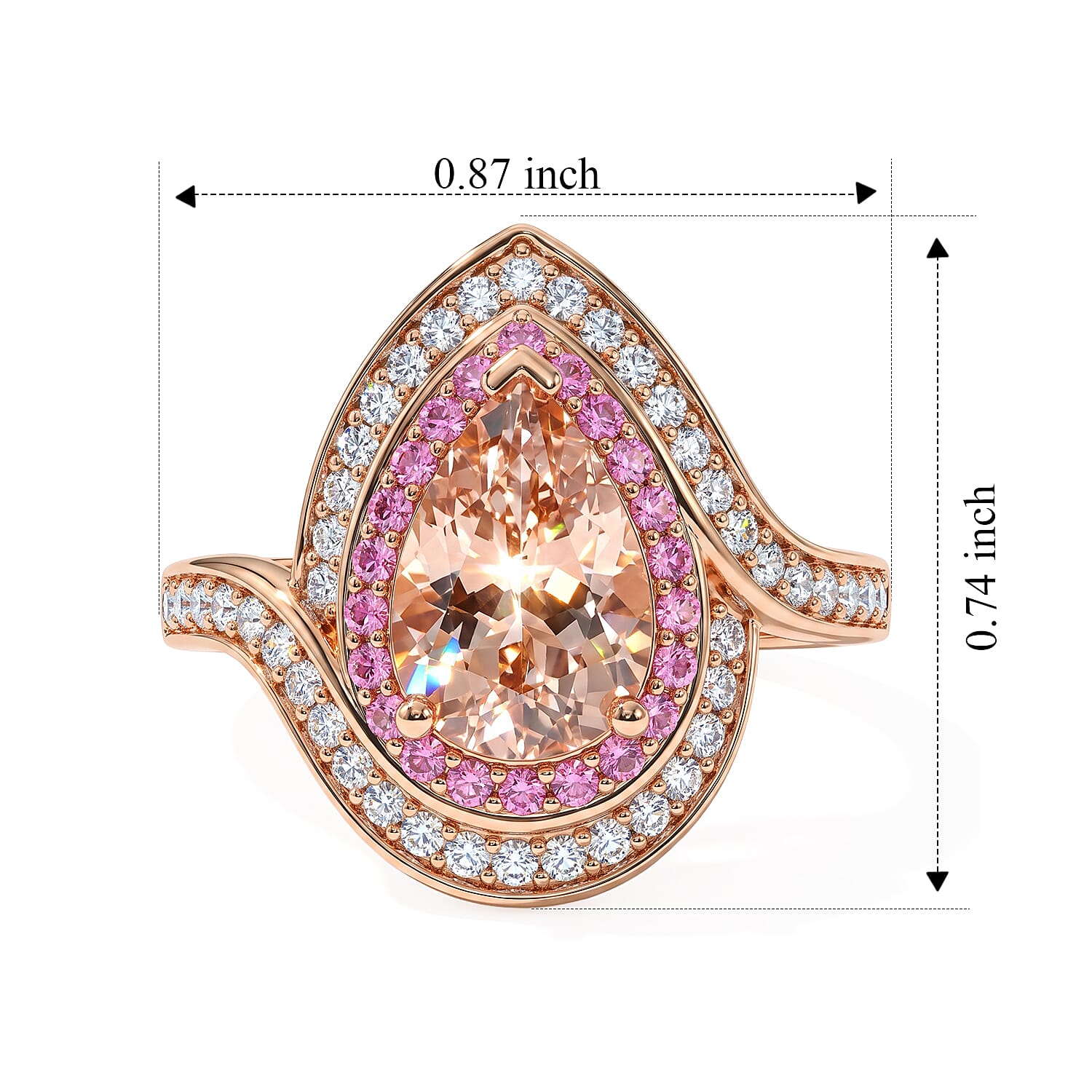 D'Joy Premium Marropino Morganite, Pink Sapphire and White Diamond 2.30 ctw Ring in 18K Vermeil Rose Gold Over Sterling Silver (Size 6.0)