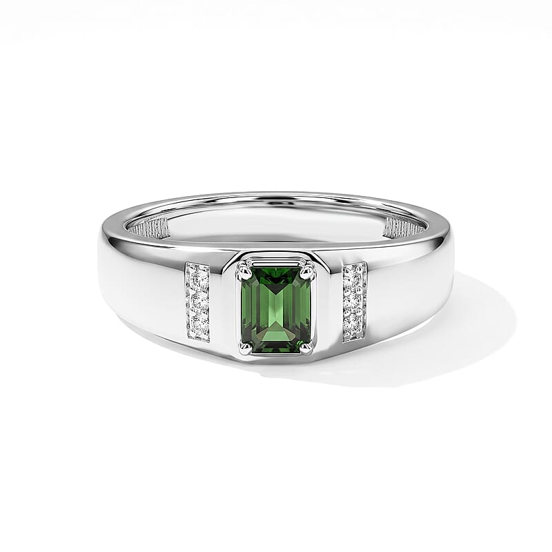 D'Joy AAA Mint Tourmaline and Diamond 0.60 ctw Men's Ring in Rhodium Over Sterling Silver (Size 10.0)
