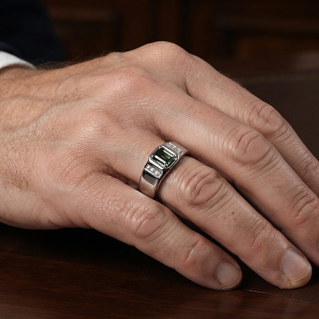 D'Joy AAA Mint Tourmaline and Diamond 0.60 ctw Men's Ring in Rhodium Over Sterling Silver (Size 10.0)