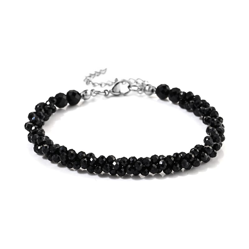 Thai Black Spinel 45.00 ctw Three Row Twisted Beaded Bracelet in Stainless Steel (7.5-9.5In)