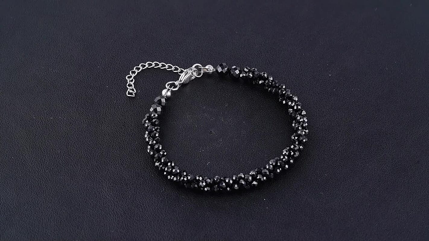 Black Spinel  Beads Bracelet Pure White Stainless Steel  45.00 ctw