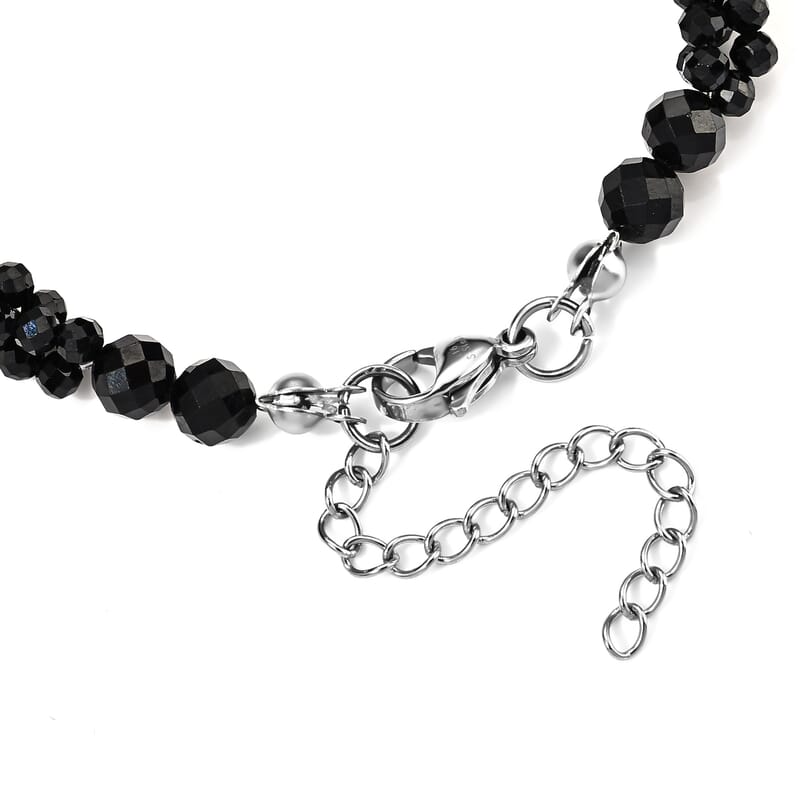 Thai Black Spinel 45.00 ctw Three Row Twisted Beaded Bracelet in Stainless Steel (7.5-9.5In)