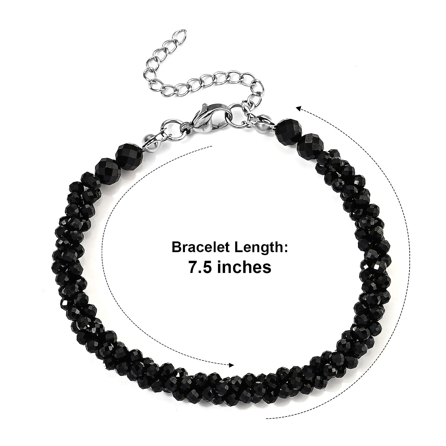 Thai Black Spinel 45.00 ctw Three Row Twisted Beaded Bracelet in Stainless Steel (7.5-9.5In)