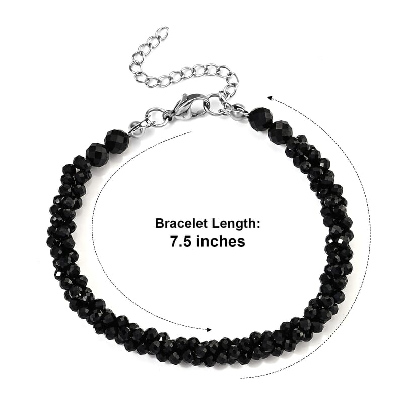 Thai Black Spinel 45.00 ctw Three Row Twisted Beaded Bracelet in Stainless Steel (7.5-9.5In)