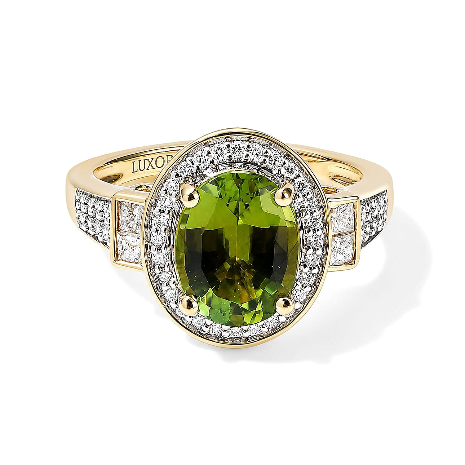 Luxoro AAA Sapo Green Tourmaline and Diamond I2 3.80 ctw Moonlit Halo Ring in 10K Yellow Gold (Size  6.0)  4.05 Grams