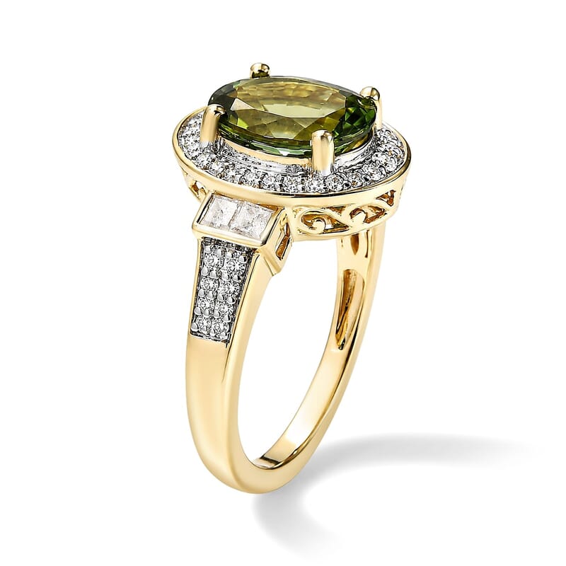 Luxoro AAA Sapo Green Tourmaline and Diamond I2 3.80 ctw Moonlit Halo Ring in 10K Yellow Gold (Size  6.0)  4.05 Grams
