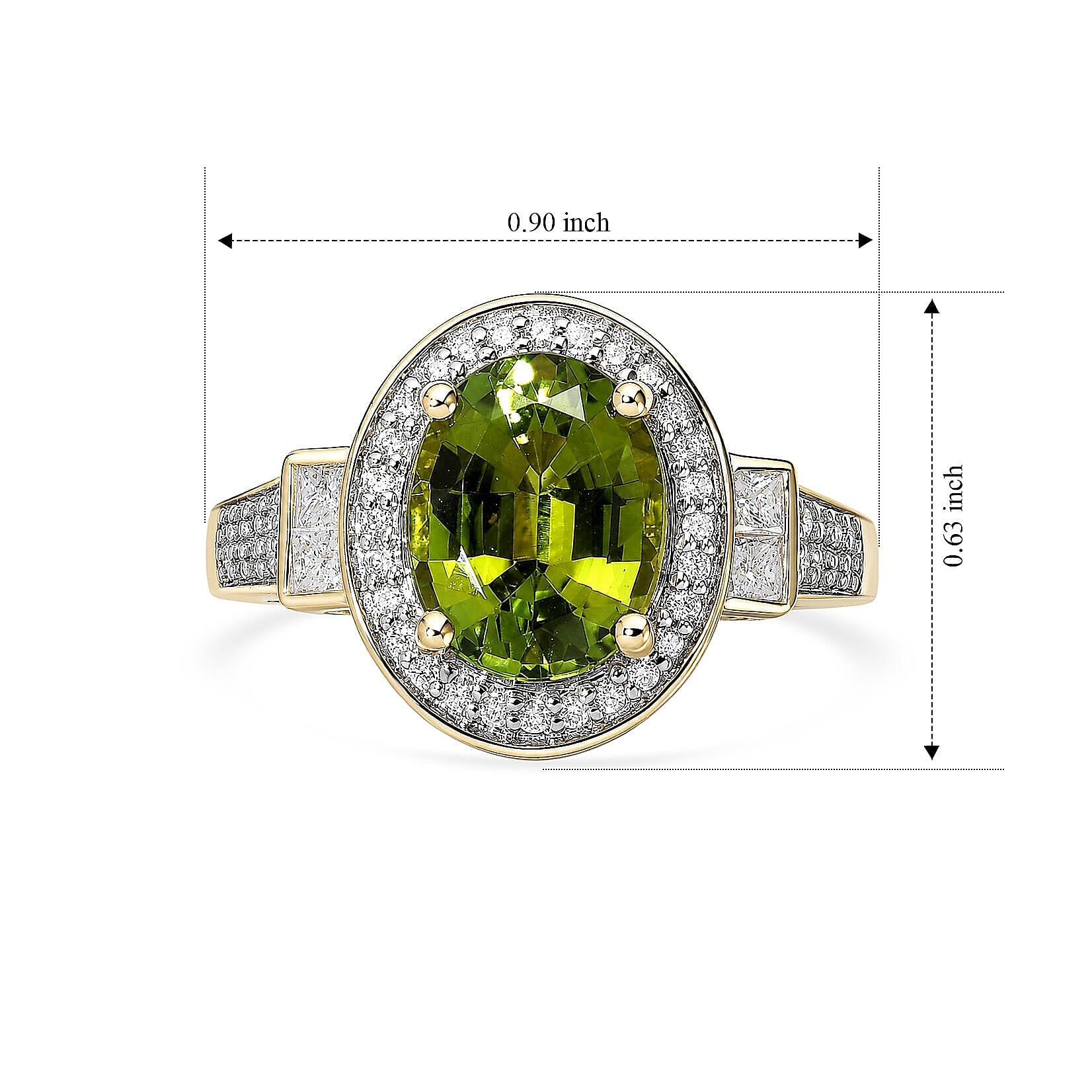 Luxoro AAA Sapo Green Tourmaline and Diamond I2 3.80 ctw Moonlit Halo Ring in 10K Yellow Gold (Size  6.0)  4.05 Grams