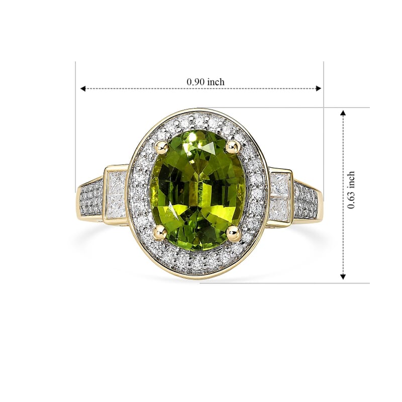 Luxoro AAA Sapo Green Tourmaline and Diamond I2 3.80 ctw Moonlit Halo Ring in 10K Yellow Gold (Size  6.0)  4.05 Grams