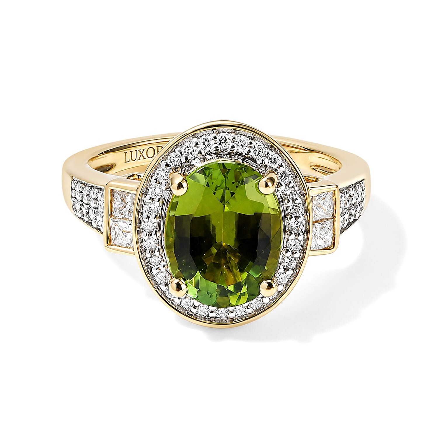 Luxoro AAA Sapo Green Tourmaline and Diamond (I2) 3.80 ctw Ring in 10K Yellow Gold (Size 7.0)