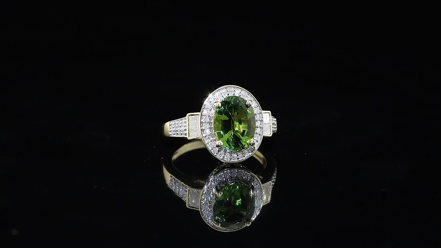 Luxoro AAA Sapo Green Tourmaline and Diamond (I2) 3.80 ctw Ring in 10K Yellow Gold (Size 7.0)