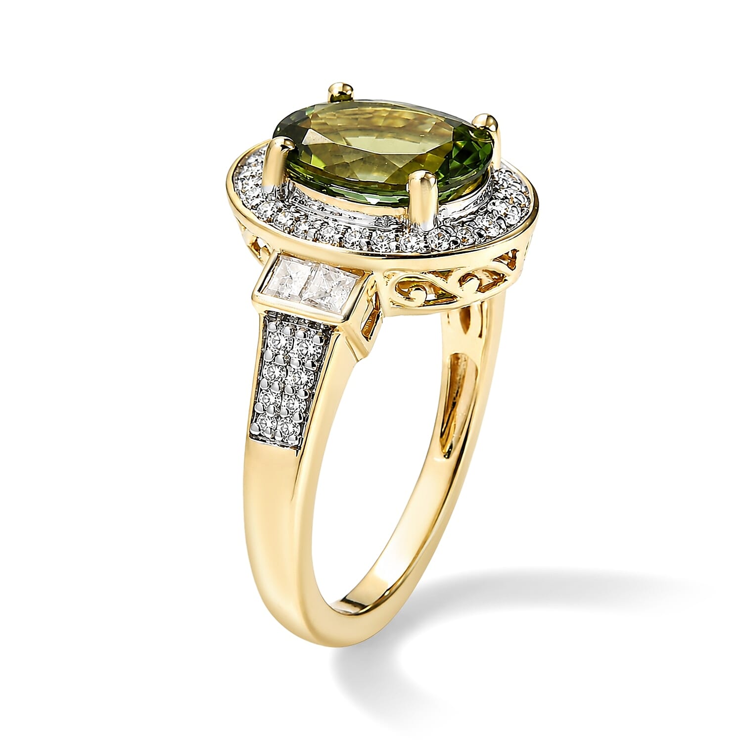 Luxoro AAA Sapo Green Tourmaline and Diamond I2 3.80 ctw Moonlit Halo Ring in 10K Yellow Gold (Size 7.0) 4.05 Grams