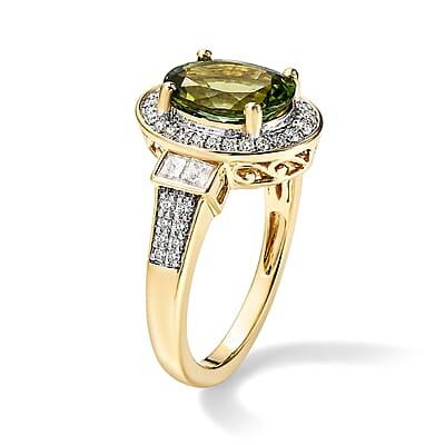Luxoro AAA Sapo Green Tourmaline and Diamond I2 3.80 ctw Moonlit Halo Ring in 10K Yellow Gold (Size 7.0) 4.05 Grams