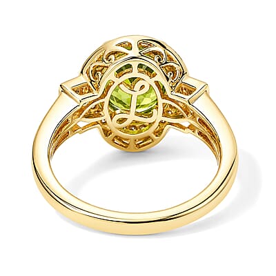 Luxoro AAA Sapo Green Tourmaline and Diamond I2 3.80 ctw Moonlit Halo Ring in 10K Yellow Gold (Size 7.0) 4.05 Grams