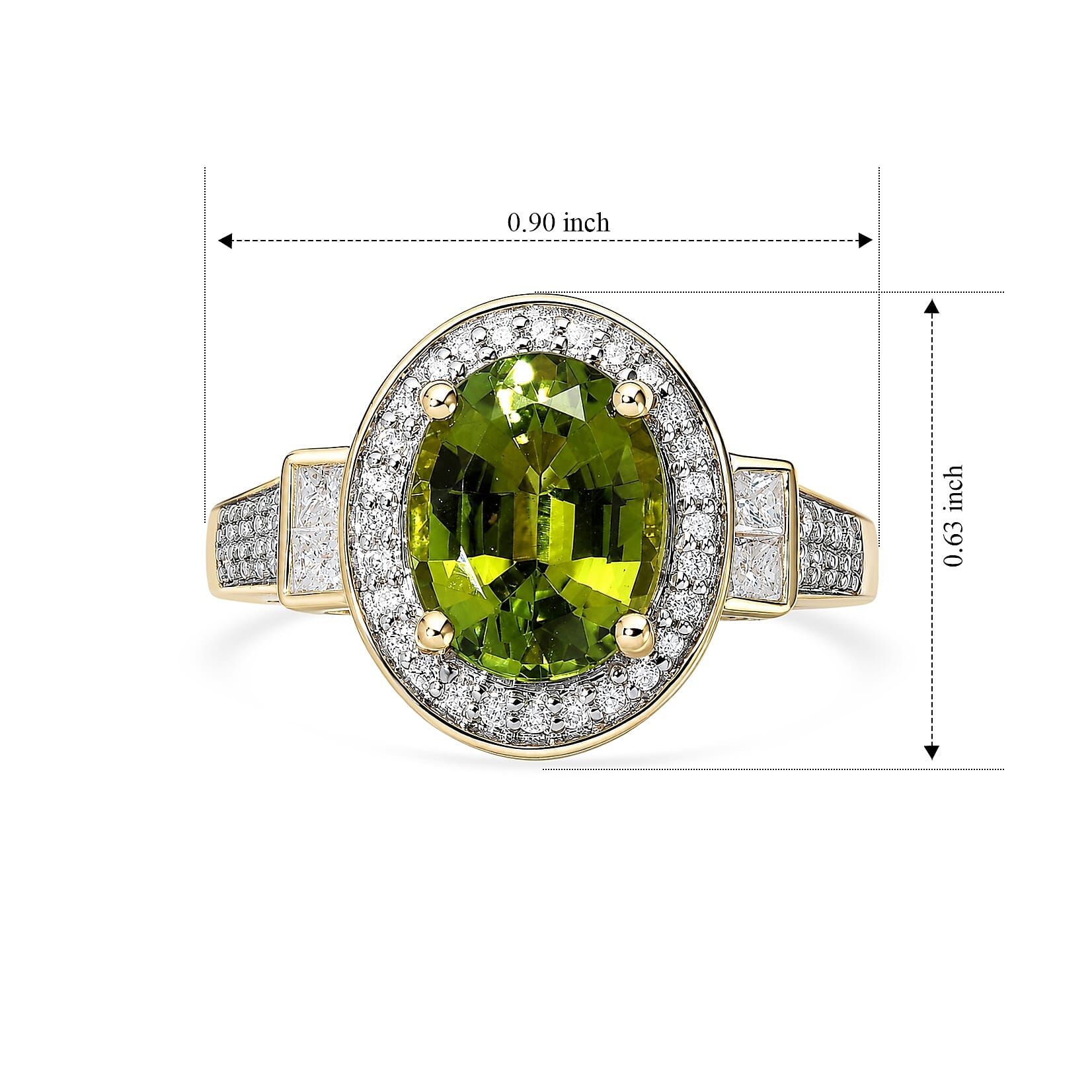 Luxoro AAA Sapo Green Tourmaline and Diamond I2 3.80 ctw Moonlit Halo Ring in 10K Yellow Gold (Size 7.0) 4.05 Grams