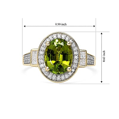 Luxoro AAA Sapo Green Tourmaline and Diamond I2 3.80 ctw Moonlit Halo Ring in 10K Yellow Gold (Size 7.0) 4.05 Grams